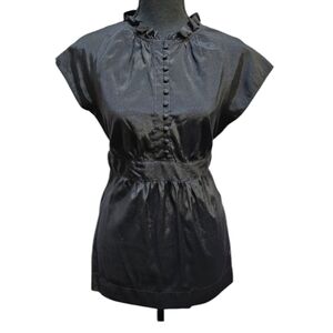 Apt. 9 Shiny Black Button Blouse Tie Waist Ruffle Collar Rayon Blend Size M